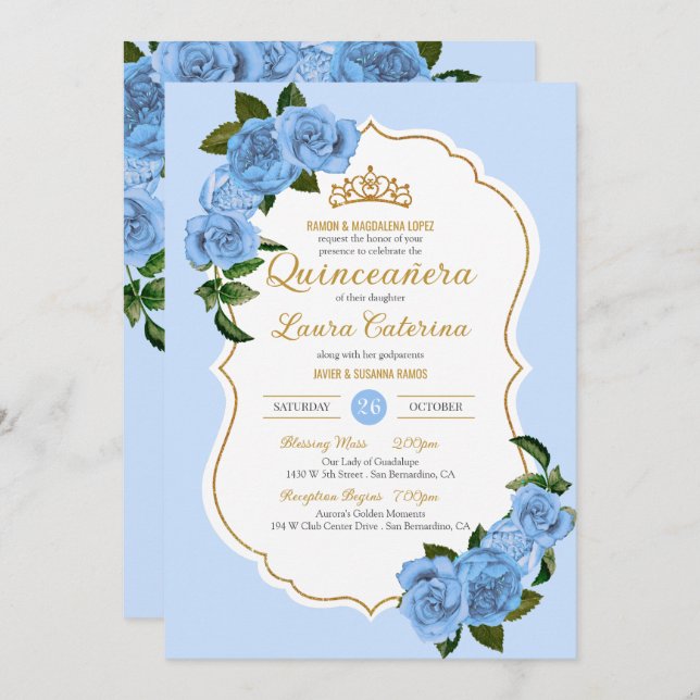 Invitation Bébé Bleu Rose Blanc et or élégant Quinceanera (Devant / Derrière)