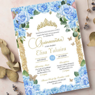 Invitation Bébé Bleu Roses et papillon Quinceanera