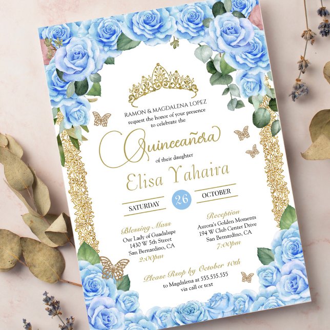 Invitation Bébé Bleu Roses et papillon Quinceanera (Créateur téléchargé)