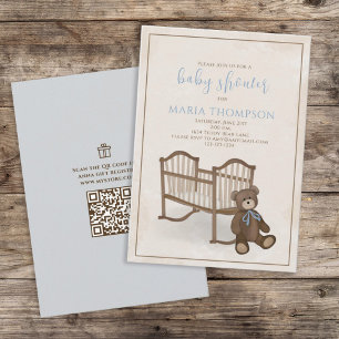 Invitation Bébé Bleu Teddy Ours QR Code Cadeau