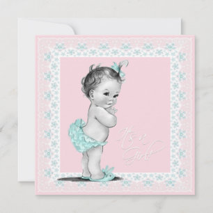 Invitation Bébé bleu turquoise et rose Douche fille