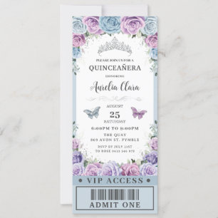 Invitation Bébé bleu violet Floral Quinceañera 16 VIP Billet