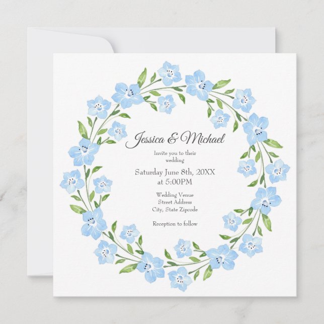 Invitation Bébé bleu yeux aquarelle Floral Wreath (Devant)