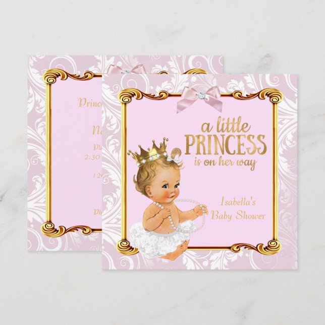 Invitation Bébé Blond Princesse Baby Shower Blanc Rose Or (Devant / Derrière)