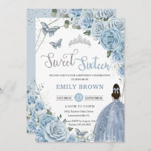 Invitation Bébé Blue Floral Papillons Princesse Sweet 16