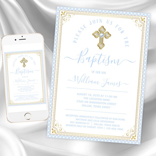 Invitation Bébé Blue Gold Boy Baptême (Baby blue gold baptism invitations. Instant download and printed invitations available.)