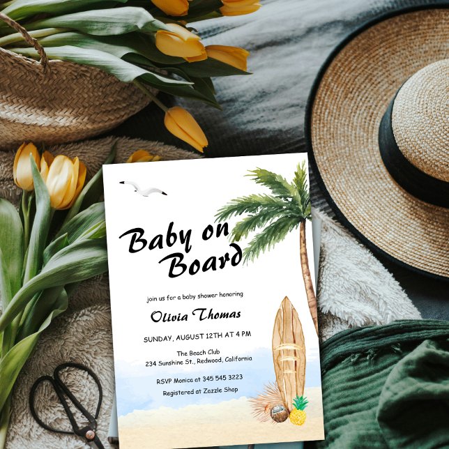 Invitation Bébé Blue Sky à bord Baby shower de Surf de plage (Blue Sky Baby On Board Beach Surf Baby Shower Invitation)