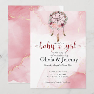 Invitation Bébé Bohème Fille Rose Attrape-Rêves Lavis Aquarel