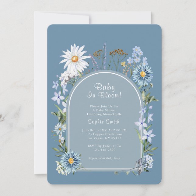 Invitation Bébé Boho Bleu Dusty Dans Baby shower Fleur (Devant)
