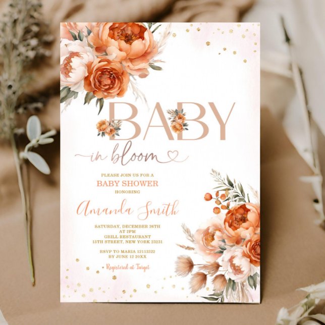 Invitation Bébé Boho En Fleur Brûlé Baby shower Floral Orange (Créateur téléchargé)
