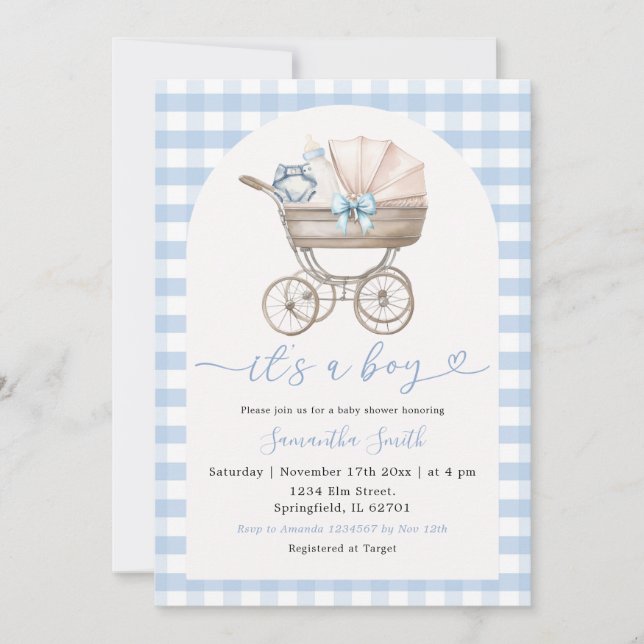 Invitation Bébé Bouteille Porte-En vichy Bleu Baby shower (Devant)