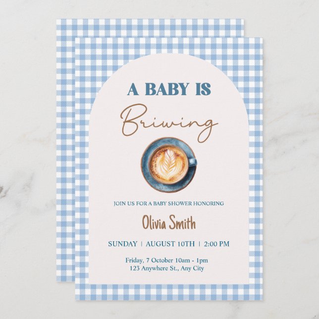 Invitation Bébé brasse Baby shower café bleu En vichy (Devant / Derrière)