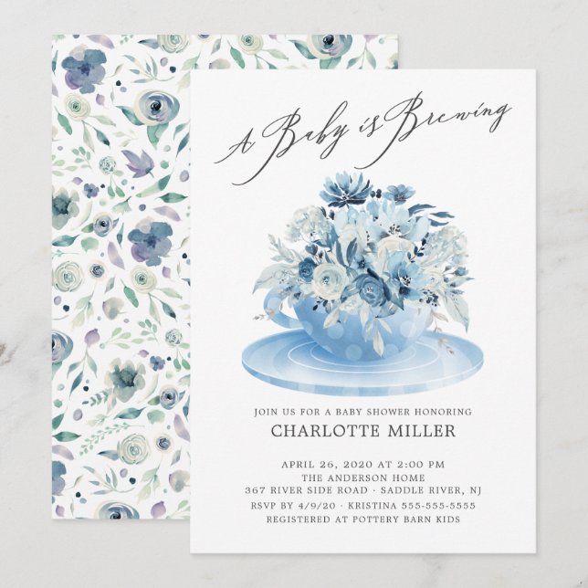 Invitation Bébé brasse Bleu Floral Baby Tea Garçon (Devant / Derrière)