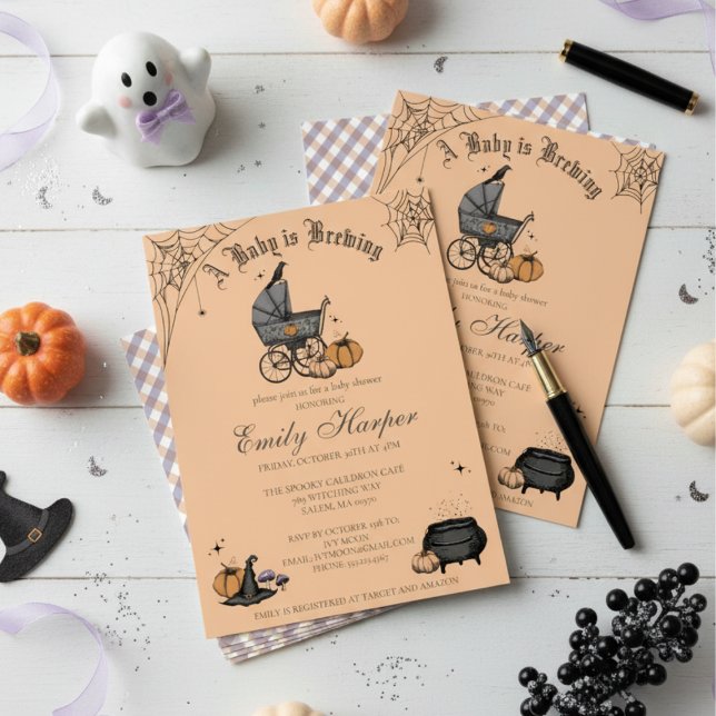 Invitation Bébé brasse Orange Baby shower neutre genre (Cute Gothic Baby Shower Invitation for Fall. Spooky Vintage Baby Carriage, Raven, Pumpkin, Witch Hat)