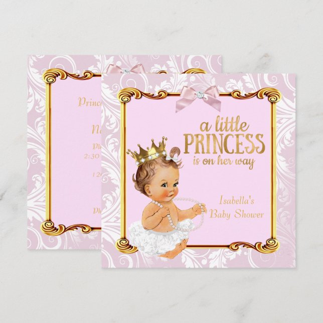 Invitation Bébé brun Princesse Baby Shower Blanc Rose Or (Devant / Derrière)