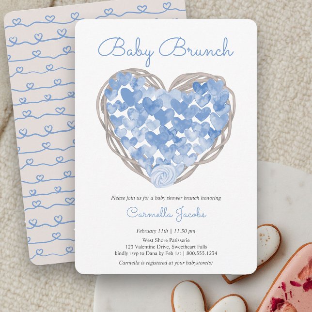Invitation Bébé Brunch Coeurs Bleus Rustique Baby shower garç (Baby Brunch Rustic Blue Heart Baby Shower Invitation)