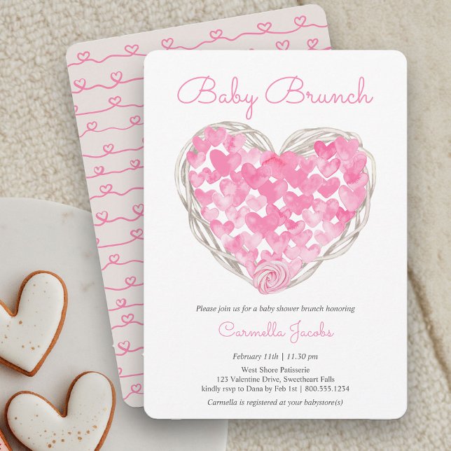 Invitation Bébé Brunch Coeurs roses Rustique Baby shower fill (Baby Brunch Rustic Pink Heart Baby Shower Invitation)