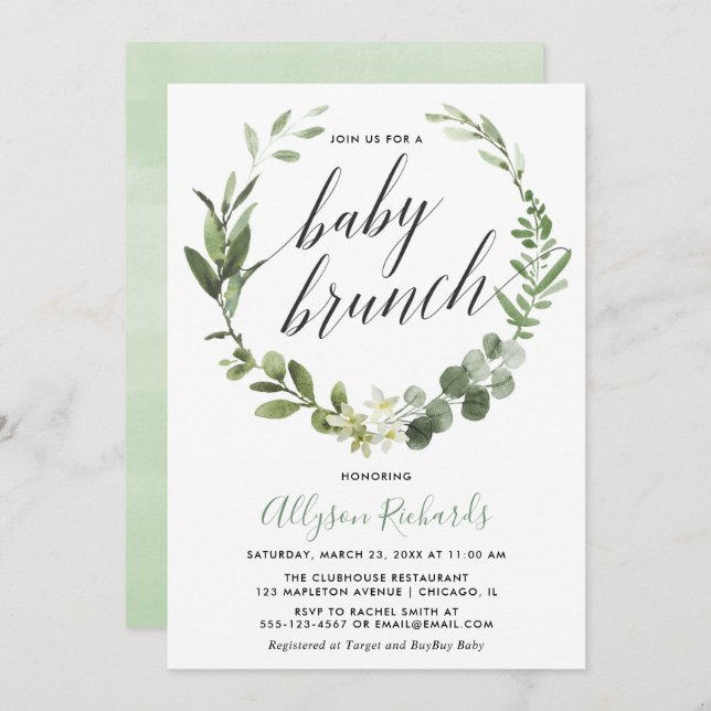 Invitation Bébé brunch genre neutre eucalyptus (Devant / Derrière)