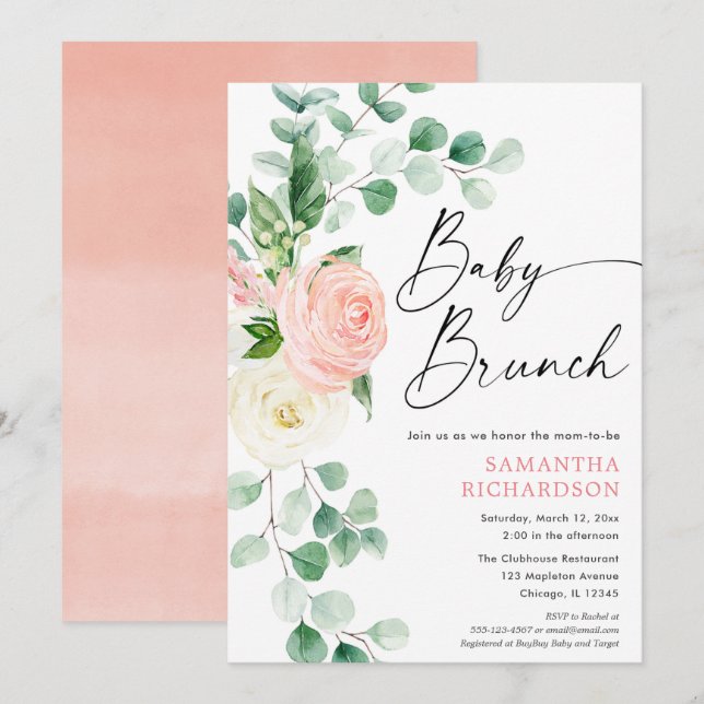 Invitation Bébé brunch rose vif verdure fleurie douche fille (Devant / Derrière)