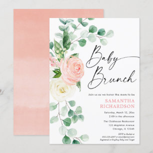 Invitation Bébé brunch verdure rose pâle et fleurie douche fi