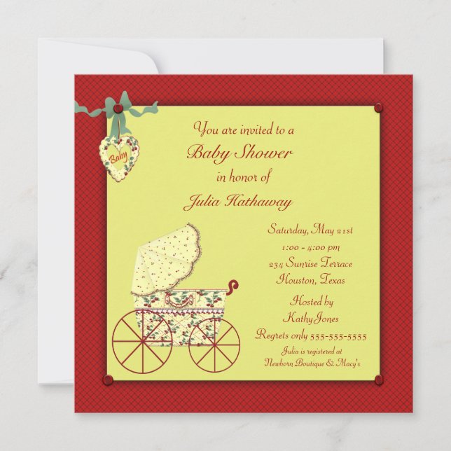 Invitation Bébé Buggy Rouge Jaune Baby Shower (Devant)