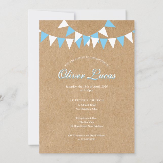 Invitation Bébé Bunting Baptême Bleu Rustique (Devant)