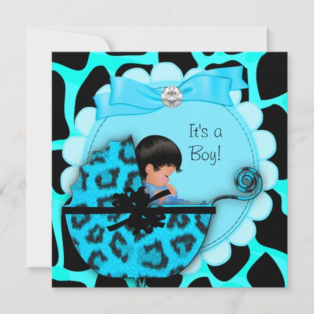 Invitation Bébé Cadeau Mignon Bébé Garçon Bleu Léopard Pousse (Devant)