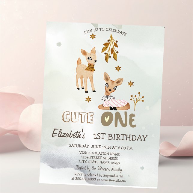 Invitation bébé cerf aquarelle verte 1er anniversa (Créateur téléchargé)