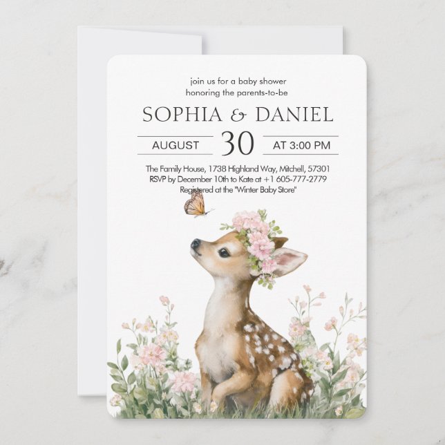 Invitation Bébé Cerf Dans Un Couronne Florale Baby Shower (Devant)