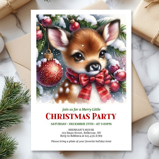 Invitation Bébé cerf de forêt enneigée lumineuse Noël enfants (Bright snowy forest baby deer Christmas kids invitation digital)