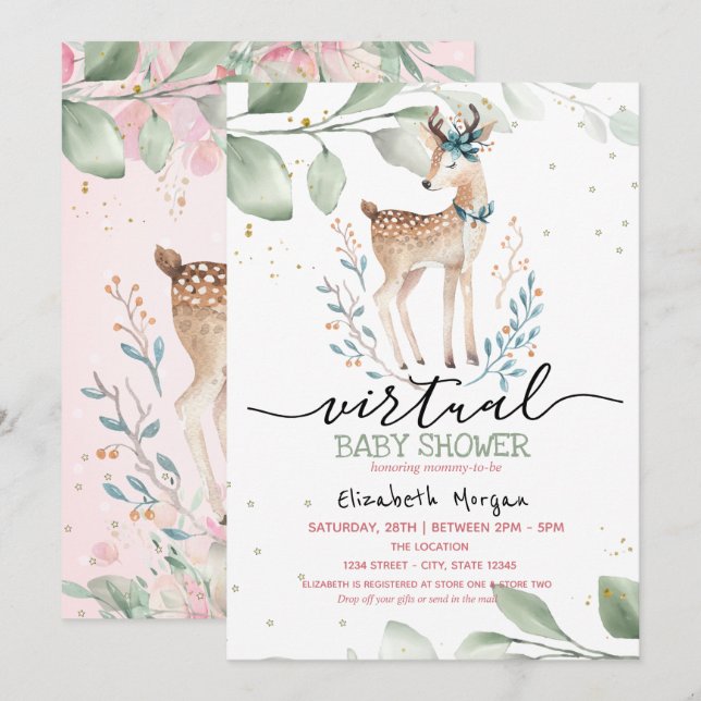 Invitation Bébé Cerf Étoiles Feuilles Cadeau Virtuel pour Béb (Devant / Derrière)