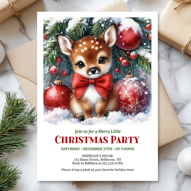 Invitation Bébé cerf fantaisiste forêt enneigée aquarelle cos (Whimsical baby deer snowy forest watercolor cozy Christmas invitation

)