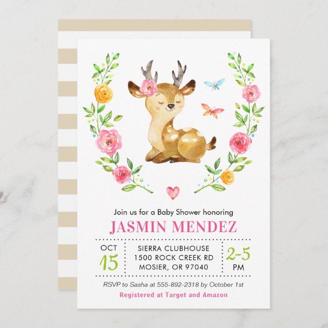 Invitation Bébé cerf fille douche rose arroser mignonne flora (Devant / Derrière)