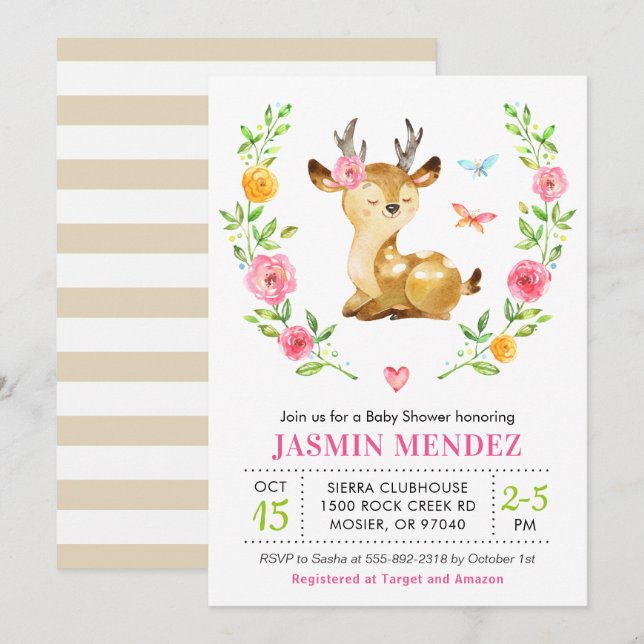 Invitation Bébé Cerf Fille Shower Rose Sprinkle Floral Mignon (Devant / Derrière)