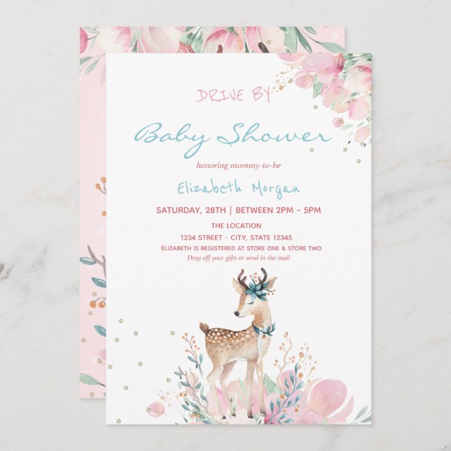 Invitation Bébé Cerf Floral Drive Par Baby shower (Devant / Derrière)