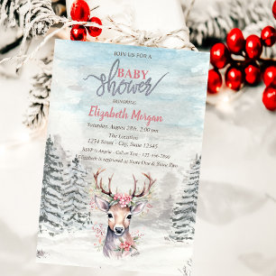 Invitation Bébé Cerf Holly Berry Forêt Neige Baby Shower  