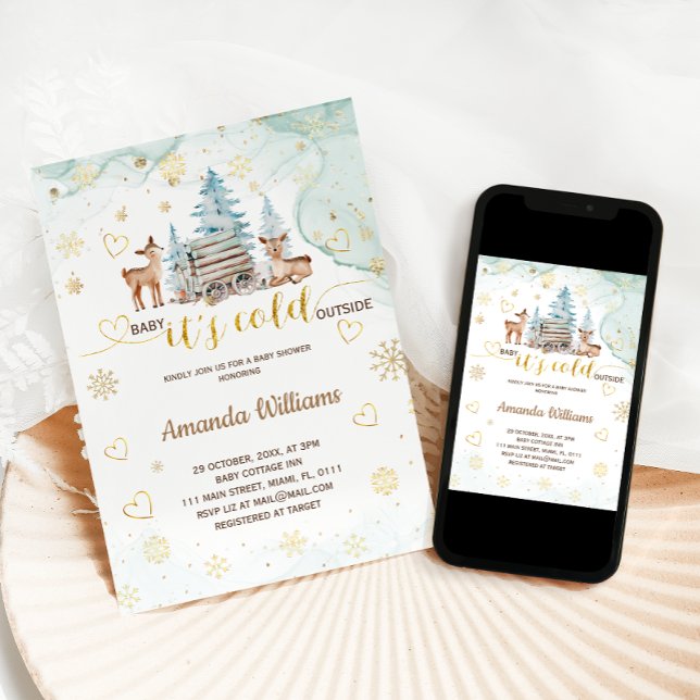Invitation Bébé cerf Il fait froid Baby shower d'aquarelle ex (Créateur téléchargé)