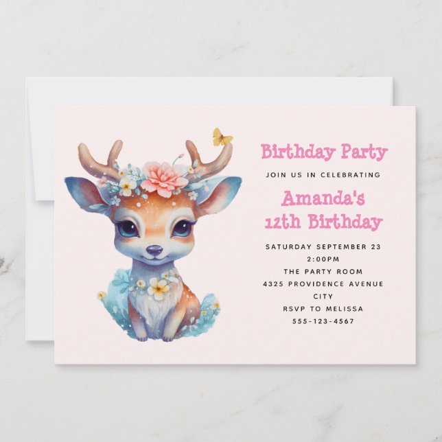 Invitation Bébé Cerf Mignon avec Bois et Fleurs Anniversaire (Devant)