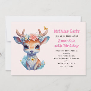 Invitation Bébé Cerf Mignon avec Bois et Fleurs Anniversaire