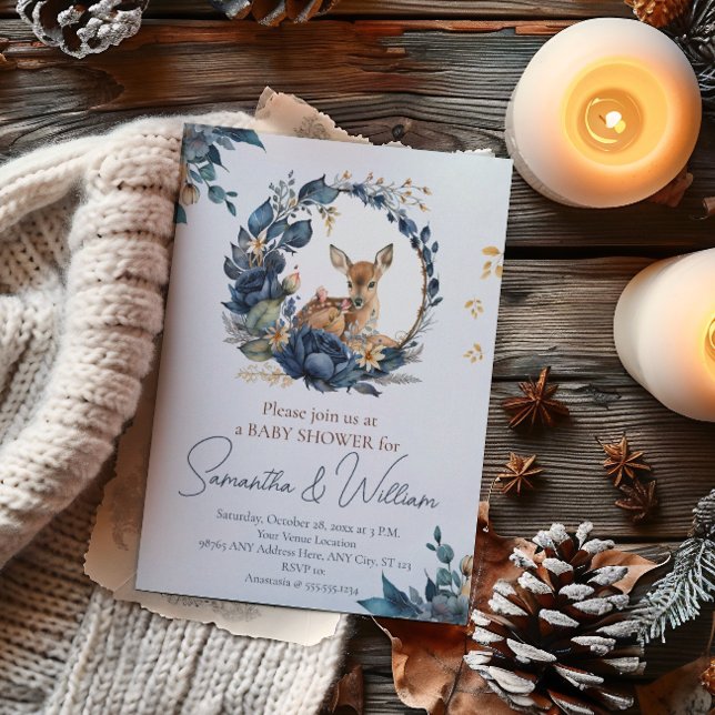 Invitation Bébé cerf mignon de la forêt aux feuilles florales (Créateur téléchargé)
