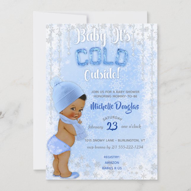 Invitation Bébé c'est flocon de neige bleu Bain ethnique garç (Devant)