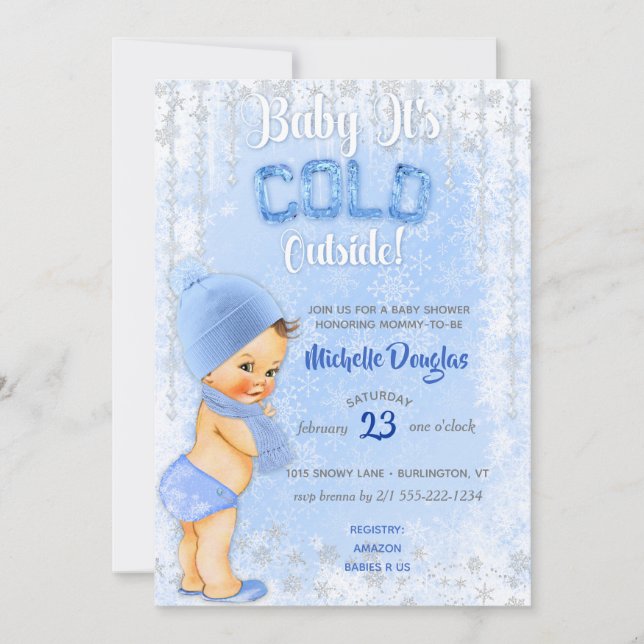 Invitation Bébé c'est flocon de neige froid Bleu garçon glacé (Devant)