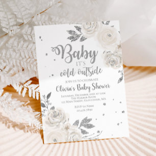 Invitation Bébé c'est froid dehors Baby shower floral argenté