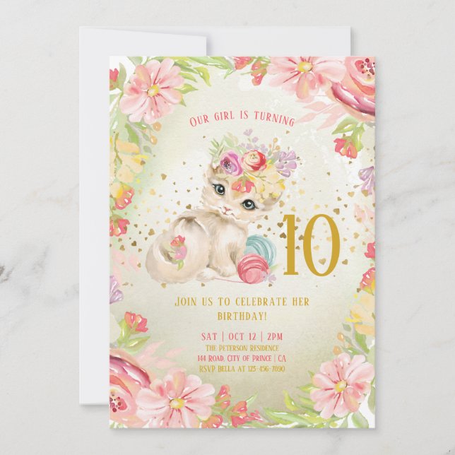Invitation Bébé Chat Fleurs d'aquarelle Fille Anniversaire  (Devant)