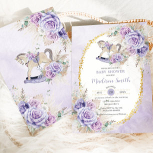 Invitation Bébé Cheval à bascule Fleurs Violettes Herbe de Pa