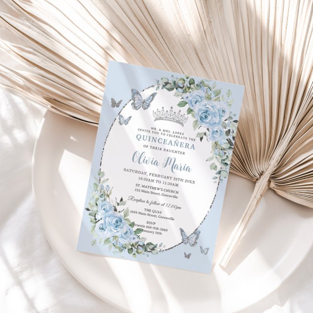 Invitation Bébé Chic Bleu Papillons Floraux Quinceañera (Créateur téléchargé)