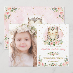 Invitation Bébé Chouette rousse Pink Gold Flowers Anniversair