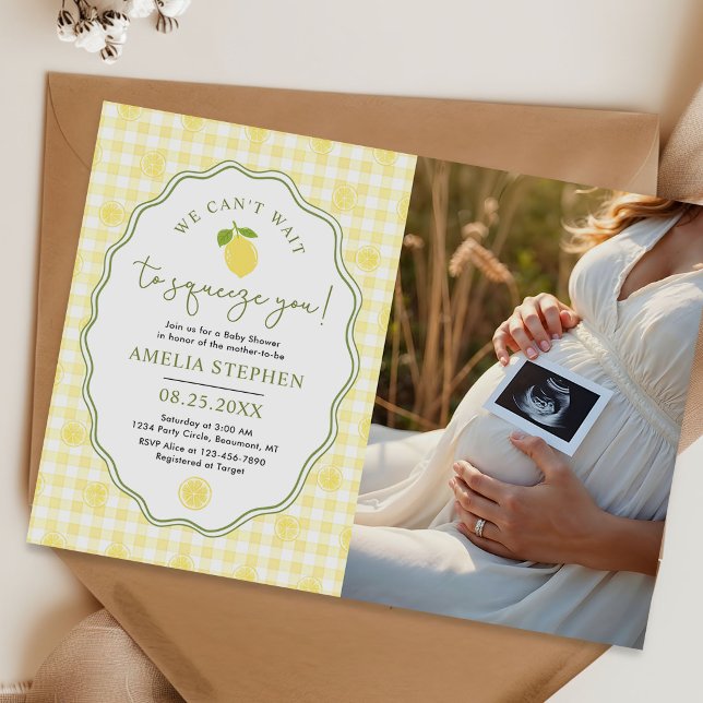 Invitation Bébé Citron Shower Photo Jaune Gingham (Créateur téléchargé)