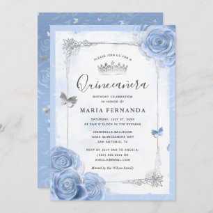 Invitation Bébé clair argent Bleu Roses élégant Quinceanera