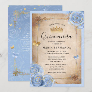 Invitation Bébé clair bleu et Rose or élégant Quinceanera